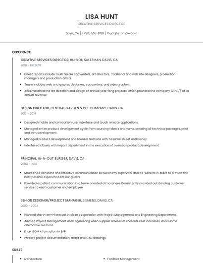 Creative Services Director Resume