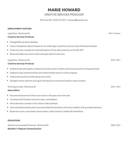 Creative Services Producer Resume