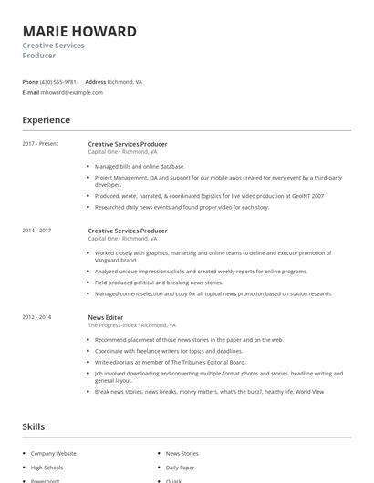 Creative Services Producer Resume