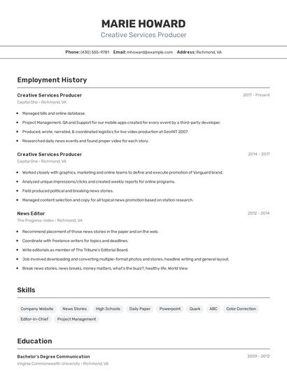 Creative Services Producer Resume