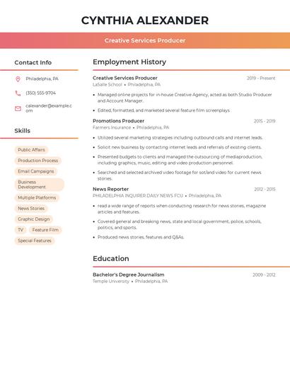 Creative Services Producer Resume