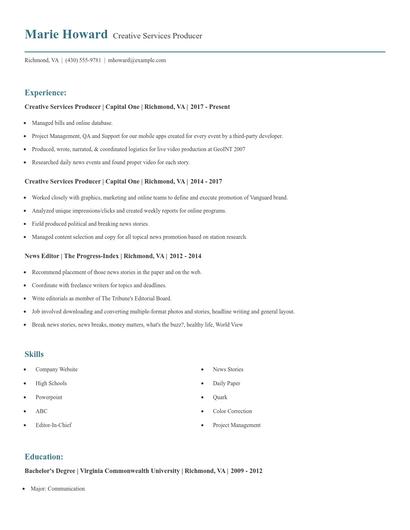 Creative Services Producer Resume