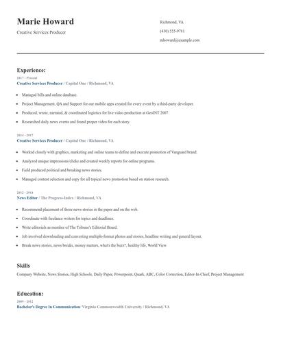 Creative Services Producer Resume