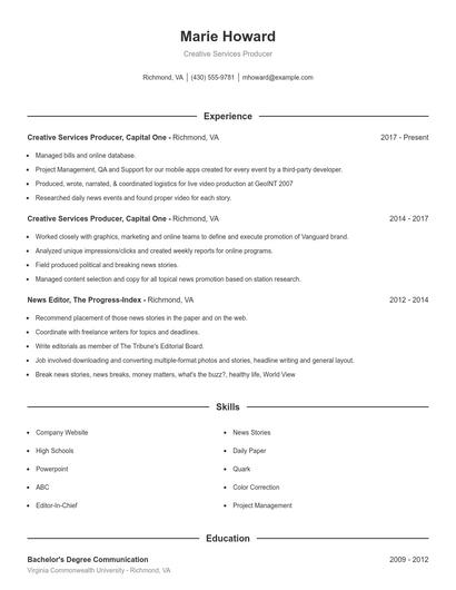 Creative Services Producer Resume