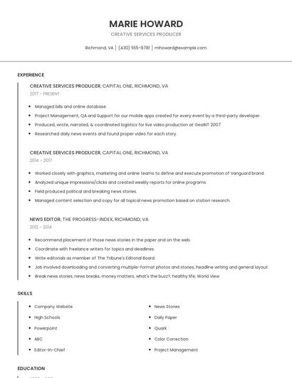 Creative Services Producer Resume