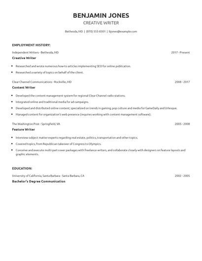 Creative Writer Resume