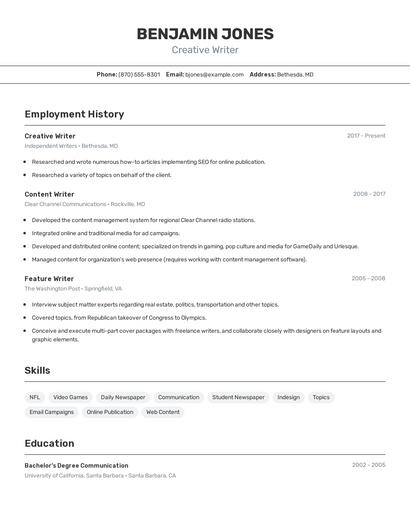 Creative Writer Resume