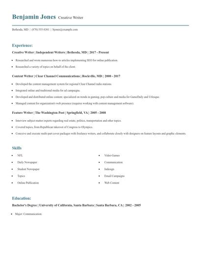 Creative Writer Resume