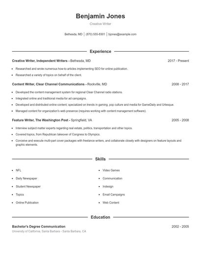 Creative Writer Resume