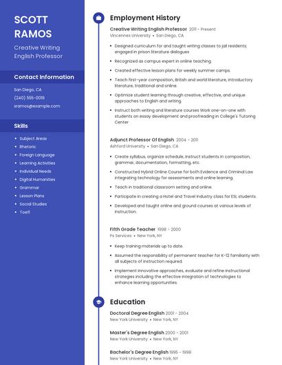 Creative Writing English Professor Resume