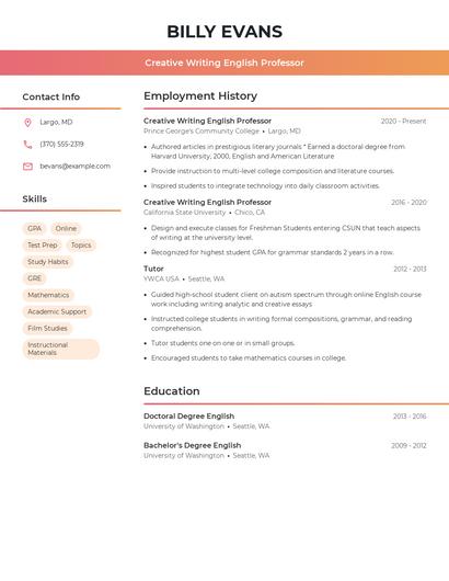 Creative Writing English Professor Resume