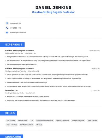 Creative Writing English Professor Resume