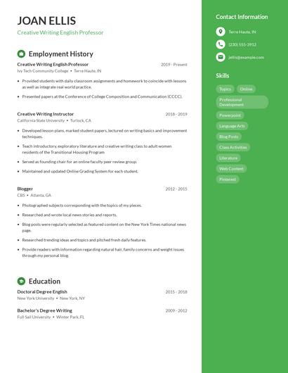 Creative Writing English Professor Resume