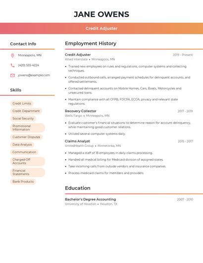 Credit Adjuster Resume