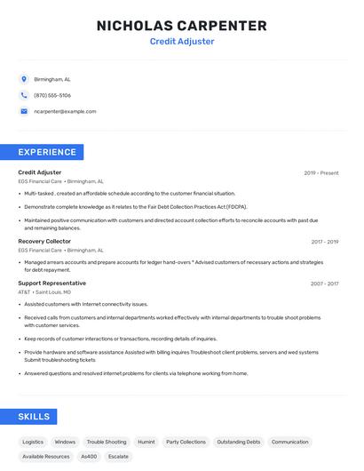 Credit Adjuster Resume