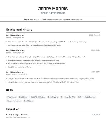 Credit Administrator Resume