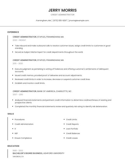 Credit Administrator Resume