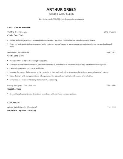 Credit Card Clerk Resume