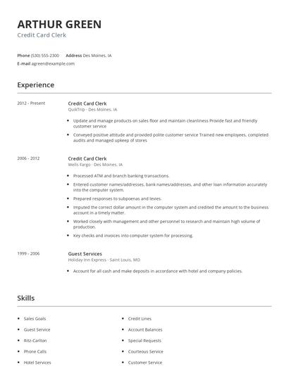 Credit Card Clerk Resume