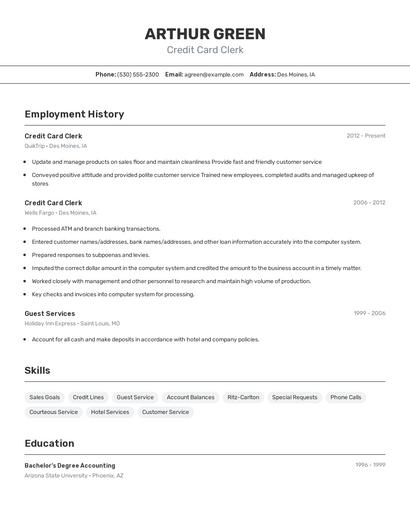Credit Card Clerk Resume