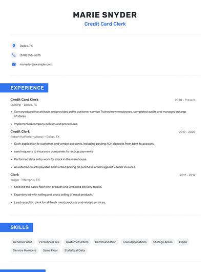 Credit Card Clerk Resume