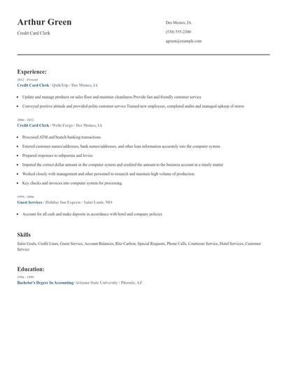Credit Card Clerk Resume