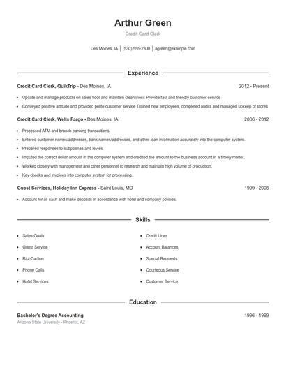 Credit Card Clerk Resume