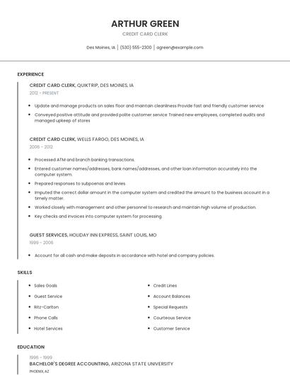 Credit Card Clerk Resume