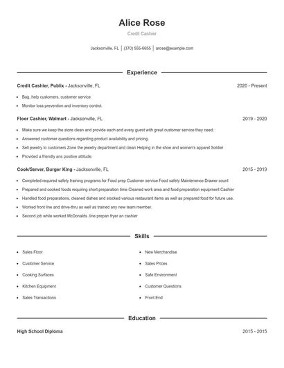 Credit Cashier Resume