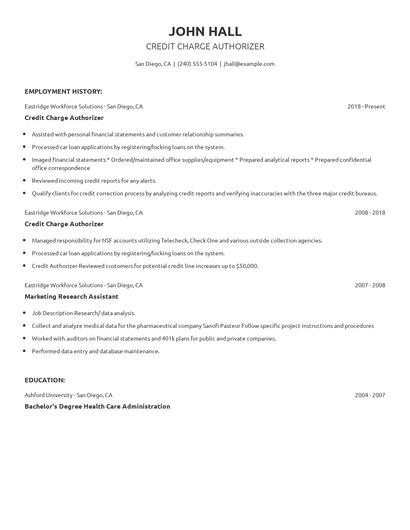 Credit Charge Authorizer Resume