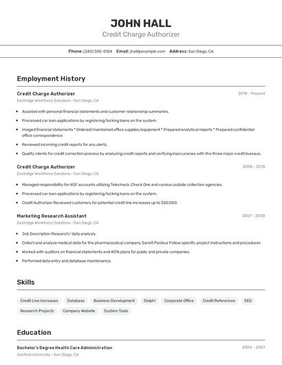 Credit Charge Authorizer Resume