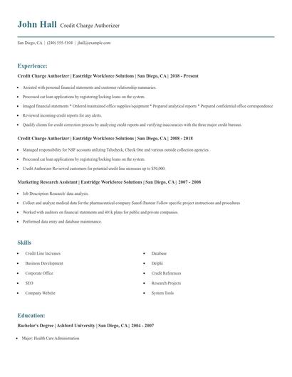 Credit Charge Authorizer Resume