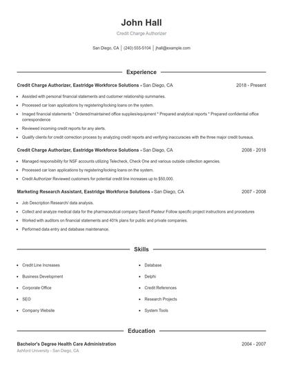 Credit Charge Authorizer Resume