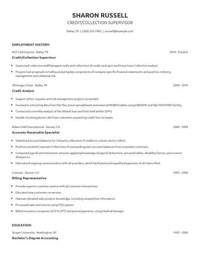Credit/Collection Supervisor Resume