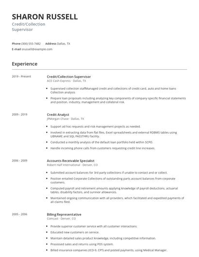 Credit/Collection Supervisor Resume