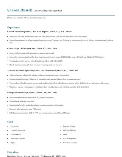 Credit/Collection Supervisor Resume