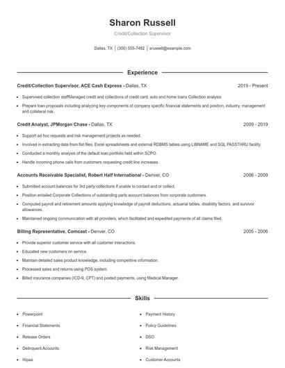 Credit/Collection Supervisor Resume