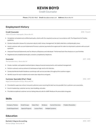 Credit Counselor Resume