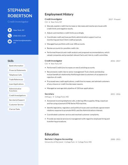 Credit Investigator Resume
