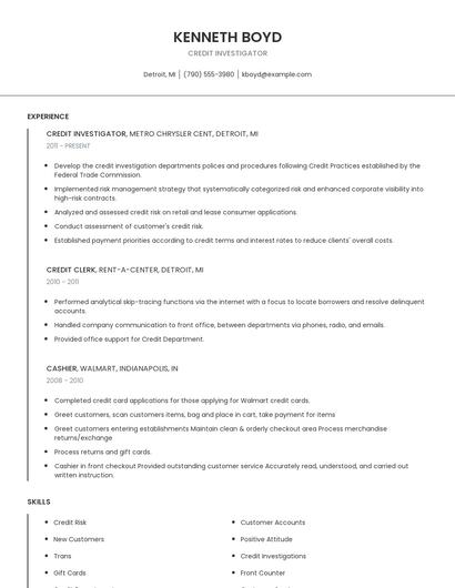 Credit Investigator Resume