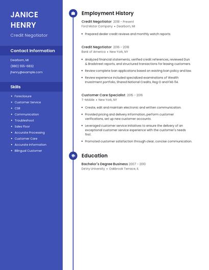 Credit Negotiator Resume
