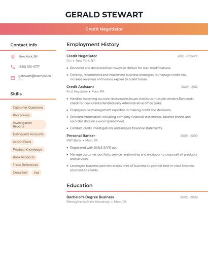 Credit Negotiator Resume