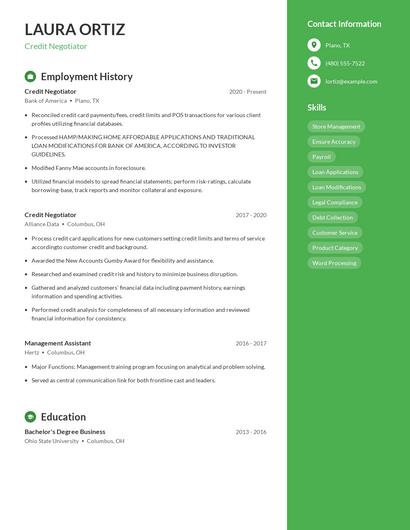 Credit Negotiator Resume