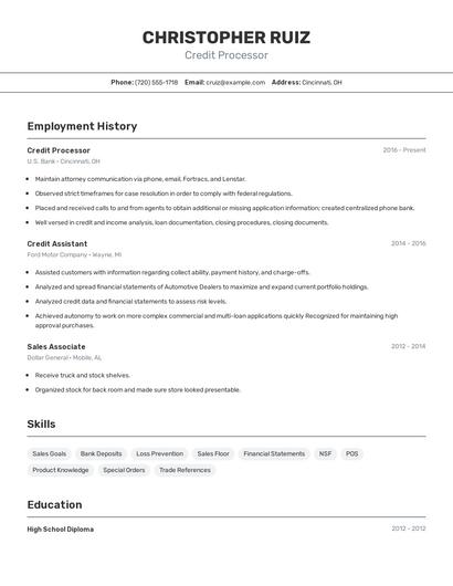 Credit Processor Resume