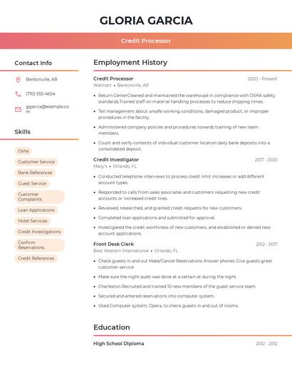 Credit Processor Resume