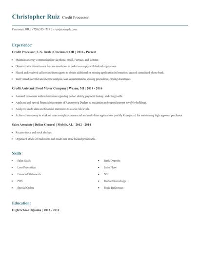 Credit Processor Resume