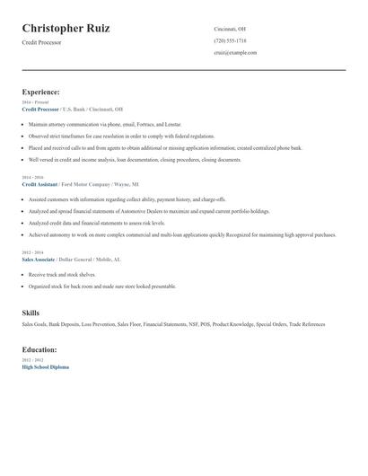 Credit Processor Resume