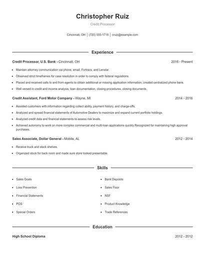 Credit Processor Resume