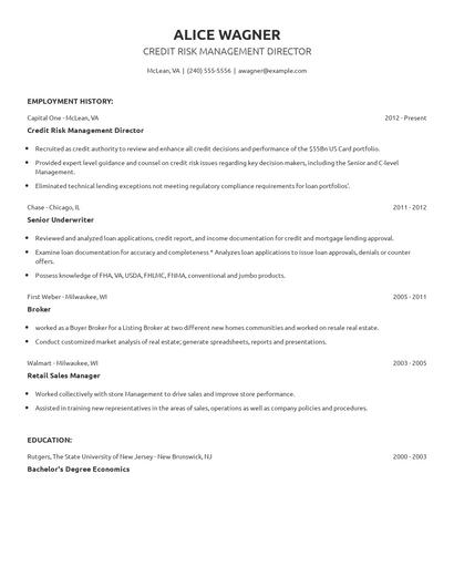 Credit Risk Management Director Resume