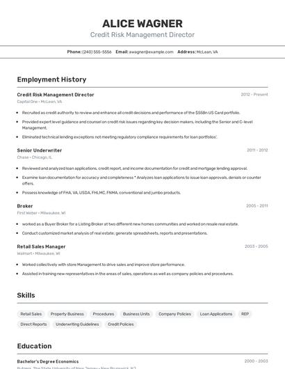 Credit Risk Management Director Resume